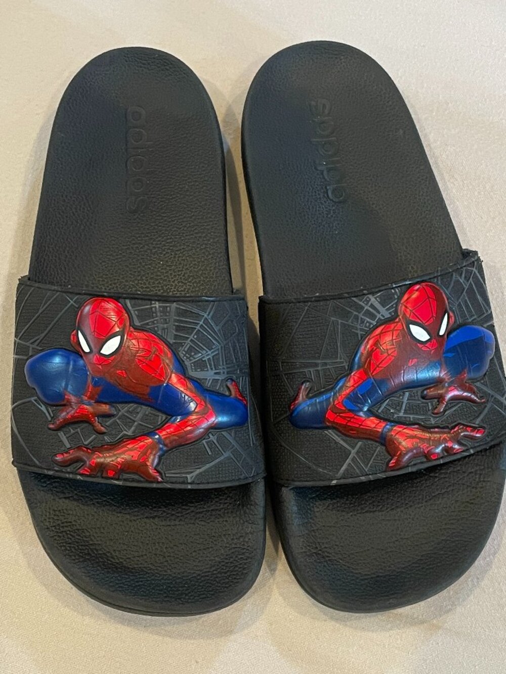 adidas Boys 4 Black Slides with Red and Blue Spider-Man Artwork